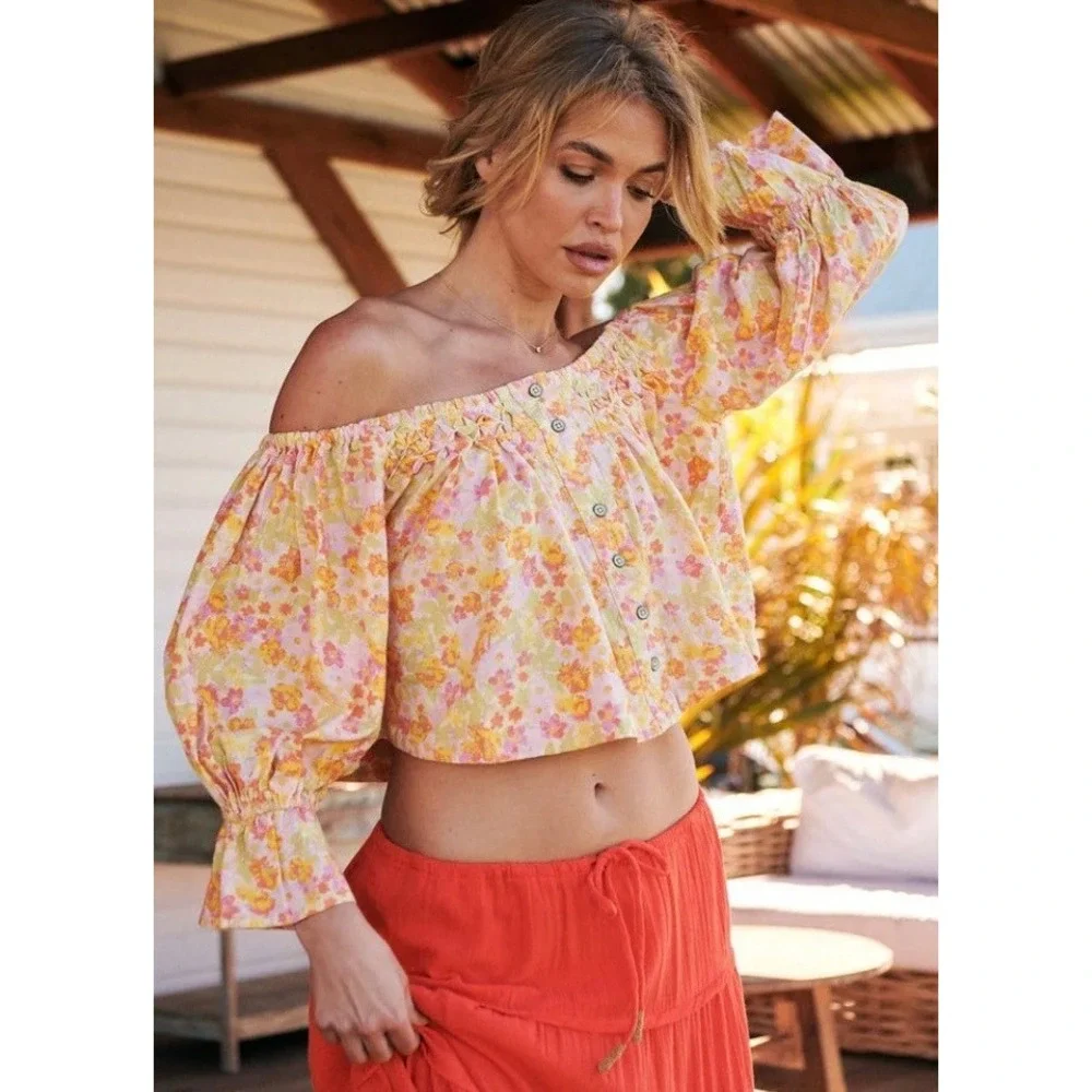 Free People James Top Womens M Yellow Floral Peasant Boho Smocked Button Front